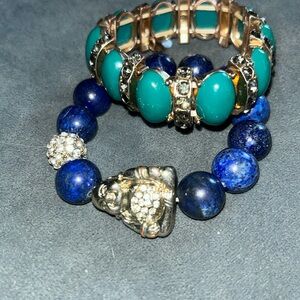Set of TWO boutique beaded bracelets- blue Buddha and green hematite!! NWOT